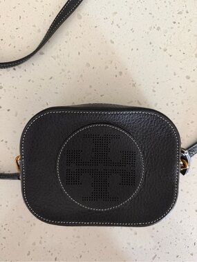 Tory Burch Black Pebbled Leather Perforated Logo Crossbody